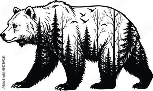 Wild bear silhouette filled with forest trees and flying birds, double exposure wildlife illustration representing nature, wilderness, and forest ecosystem