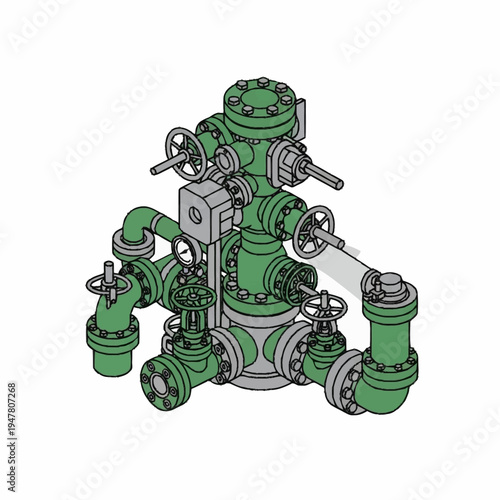 Complex industrial manifold system with multiple valves and gauges for fluid control and distribution.