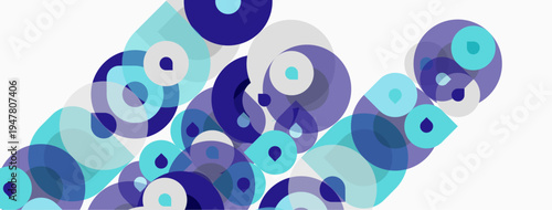 Abstract composition featuring overlapping circles. Various shades blue, purple, turquoise create dynamic visual effect. Minimalist design.