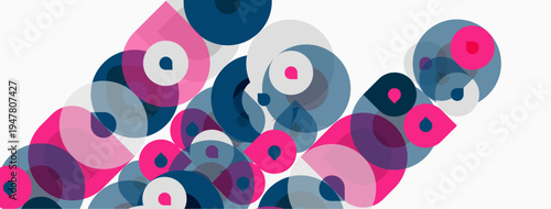 Abstract composition featuring overlapping circles. Pink, blue, gray hues create dynamic visual texture. Modern design element.