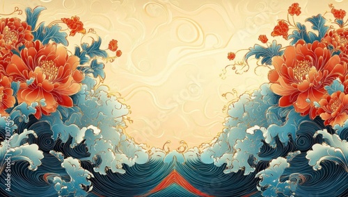 majestic symmetrical scene of curling stylized ocean waves framed by large red peony blossoms with blue foliage against a warm golden sky, serene and ornate