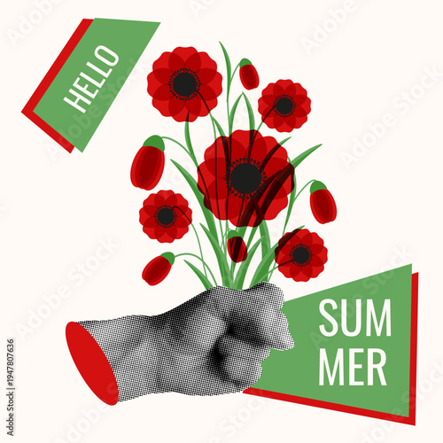 Summer Halftone Collage. Trendy Halftone effect hand with red poppy flowers bouquet and modern bold message isolated light beige background. Trendy 2026 march poster cover design. EPS 10
