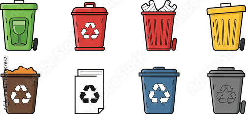 Recycling Bin and Trash Can Icon Set Featuring Green, Red, Yellow, and Blue Bins with Recycling Symbols for Waste Management and Eco-Friendly Designs