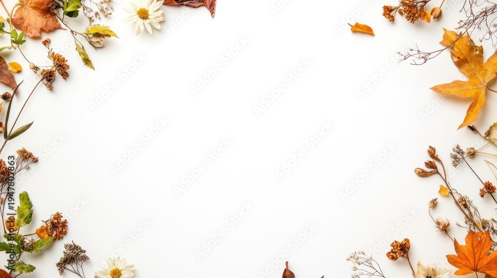 Obraz premium Autumnal Elegance: An artful arrangement of fall foliage gracefully frames a blank canvas, inviting creativity and showcasing the beauty of autumn season.