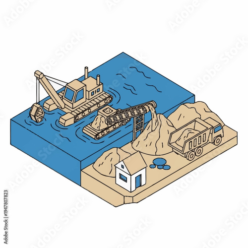 Isometric illustration of a dredging operation with machinery, a conveyor belt, a truck, and a small building on a sandy shore.