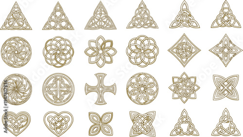 Celtic knot ornamental symbols collection with triquetra crosses hearts and intricate medieval geometric patterns decorative vector set