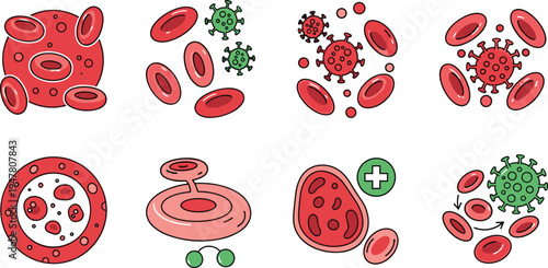 Red Blood Cells and Virus Interaction Set with Medical Blood Components, Infection Particles and Healthcare Biology Vector Illustration