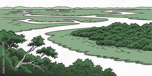 A winding river through a lush green landscape Vector