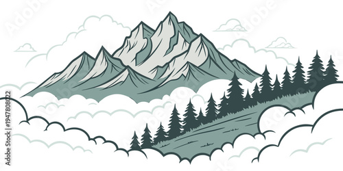 A mountain range with trees and clouds Vector