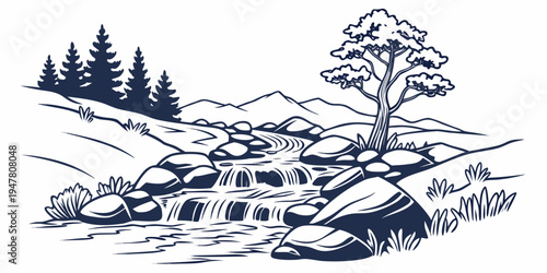 A tree on a rocky hill with pine trees in the background Vector