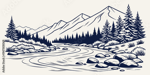 A mountain landscape with a river and trees Vector