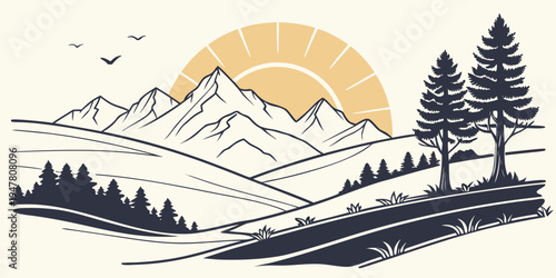 A scenic mountain landscape with trees and sun Vector