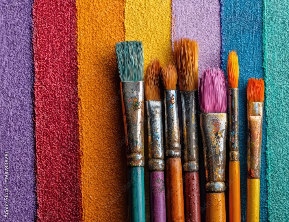 Fototapeta premium Vibrant Paint Brushes on a Colorful Textured Background.