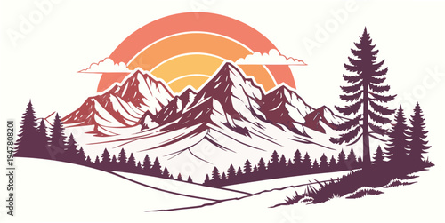 A mountain range with trees and a sunset Vector