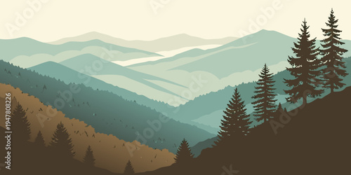 A mountain range with trees on a hillside Vector