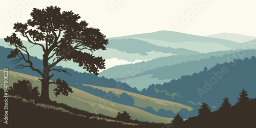 A tree on a hill overlooking a valley Vector