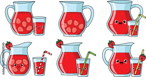 Strawberry Juice Illustration Set Featuring Cute Pitchers, Glasses, and Strawberries for Food, Beverage, and Summer Drink Designs