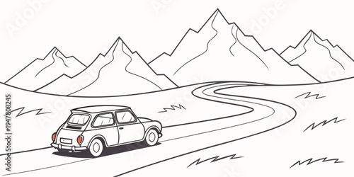 A truck driving on a winding road through a mountainous landscape Vector