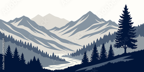 A mountain range with a river and trees Vector
