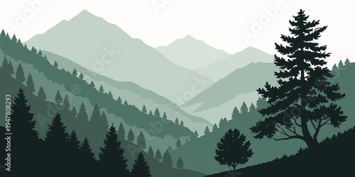 A serene mountain landscape with a large tree on a hill Vector
