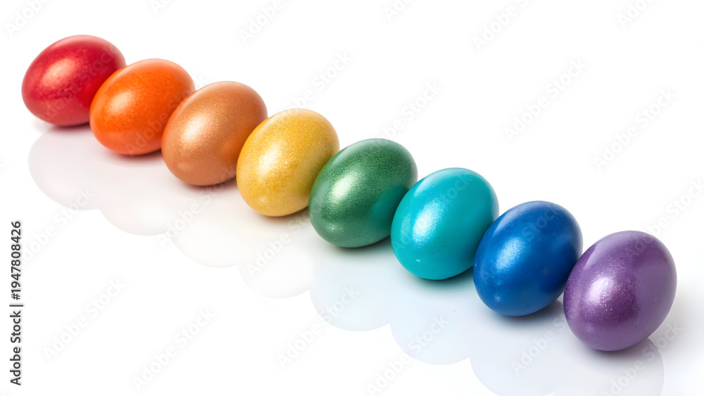 Obraz premium Rainbow Eggs Lineup on White Background