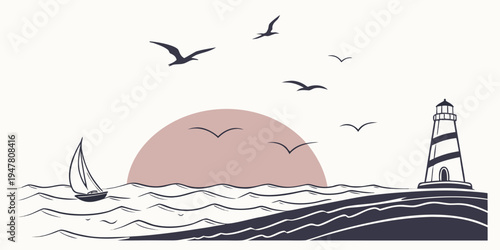 A serene seascape with a lighthouse and sailboat at sunset Vector