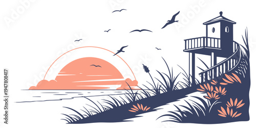 A small lighthouse on a hill overlooking the ocean at sunset Vector