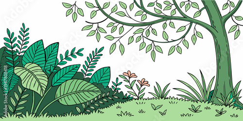 A tree and green plants on a grassy hill Vector