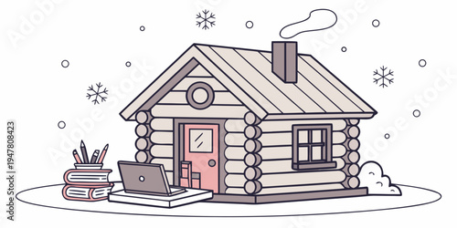 A small log cabin with a pink door and a chimney Vector
