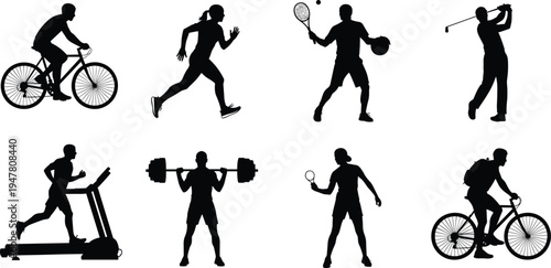 sports, athletes, silhouettes, cycling, running, tennis, golf, fitness, gym, workout, training, exercise, competition, active, lifestyle, isolated, black, people, collection, activity