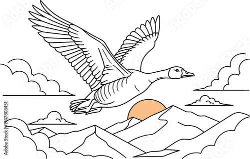Stylized goose flying over mountain landscape with sun and clouds for wildlife, nature and scenic vector design projects