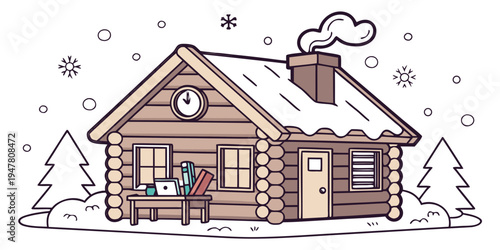 A cartoon log cabin with snow on the roof Vector