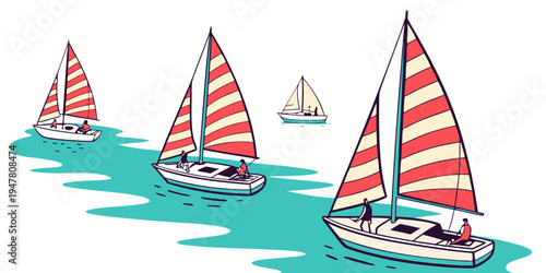 A group of sailboats with red and white striped sails on the water Vector