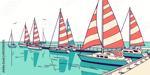 Sailboats with red and white striped sails on the water Vector