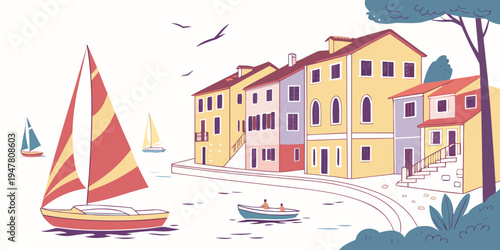 A colorful sailboat in a harbor with buildings Vector