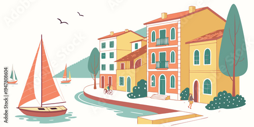 A colorful illustration of a sailboat by a row of buildings Vector