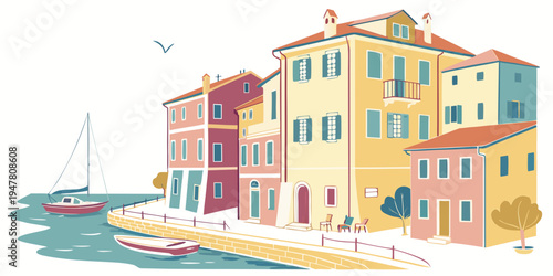 Colorful buildings by the waterfront in a coastal town Vector