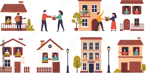 Neighborhood Community Life Vector Set with Residential Houses Neighbors Greeting Sharing and People at Windows in Flat Illustration Style