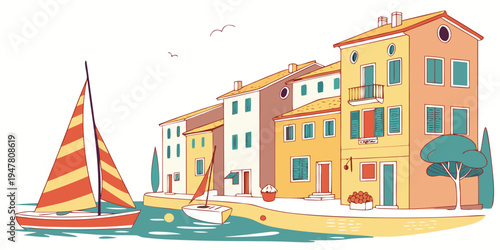 A sailboat in front of a row of colorful buildings Vector