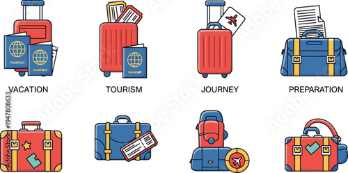 Travel and Vacation Illustration Set Featuring Luggage, Passport, Tickets, and Travel Preparation for Tourism, Journey, and Adventure Designs