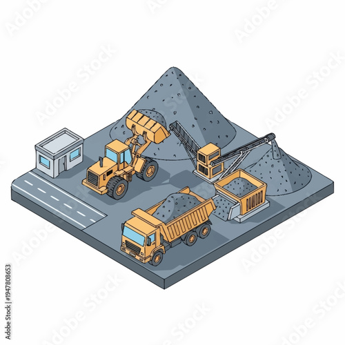 Isometric illustration of a quarry with a loader, conveyor, and dump truck.