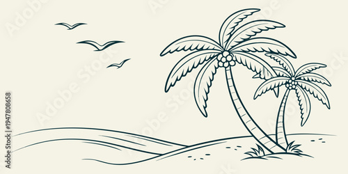 A drawing of two palm trees on a beach Vector