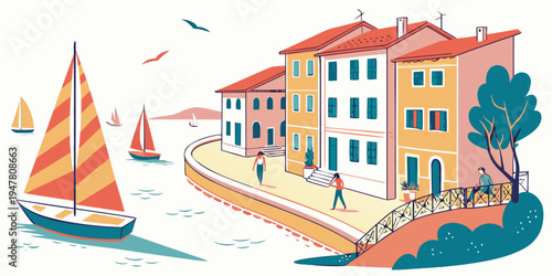 A colorful sailboat sailing past a large building by the waterfront Vector