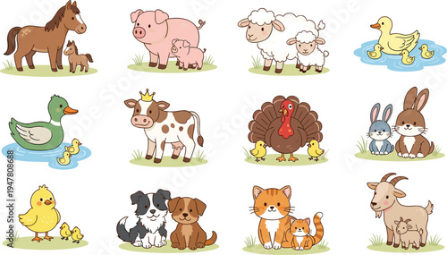 Cute Farm Animals Collection with Baby Animals Cartoon Rural Farm Life Vector Illustration Set