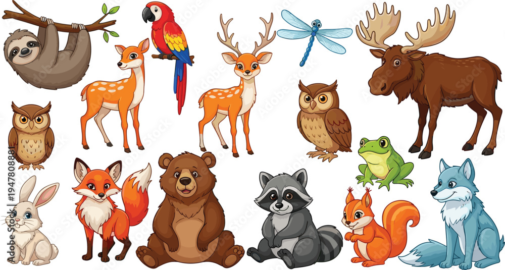Obraz premium Cute Forest Animals Cartoon Wildlife Character Collection Vector Illustration Set
