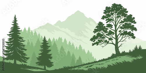 A serene landscape with trees and mountains Vector