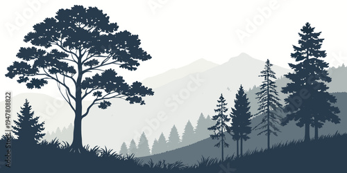 A serene landscape with trees on a hillside Vector