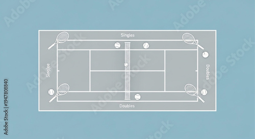 Overhead View of a Tennis Court Diagram.