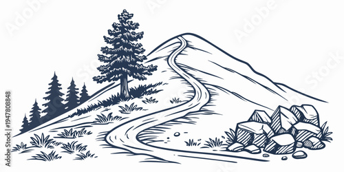 A winding road leading to a mountain with trees and bushes Vector
