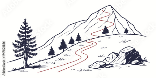 A mountain trail with a red path and trees Vector
